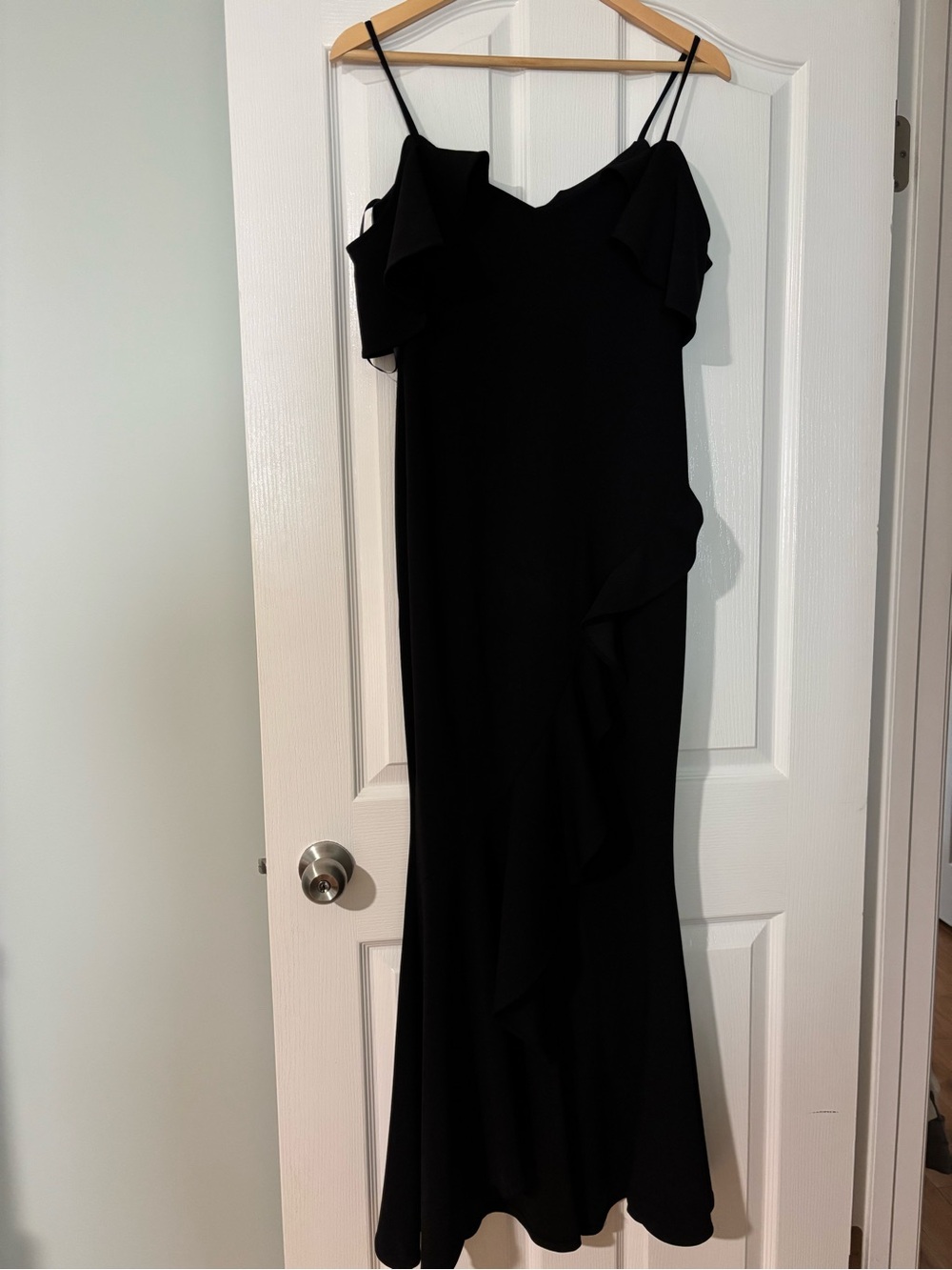 Betsy & Adam Black Spaghetti Strap with Off Shoulder Cap Sleeve